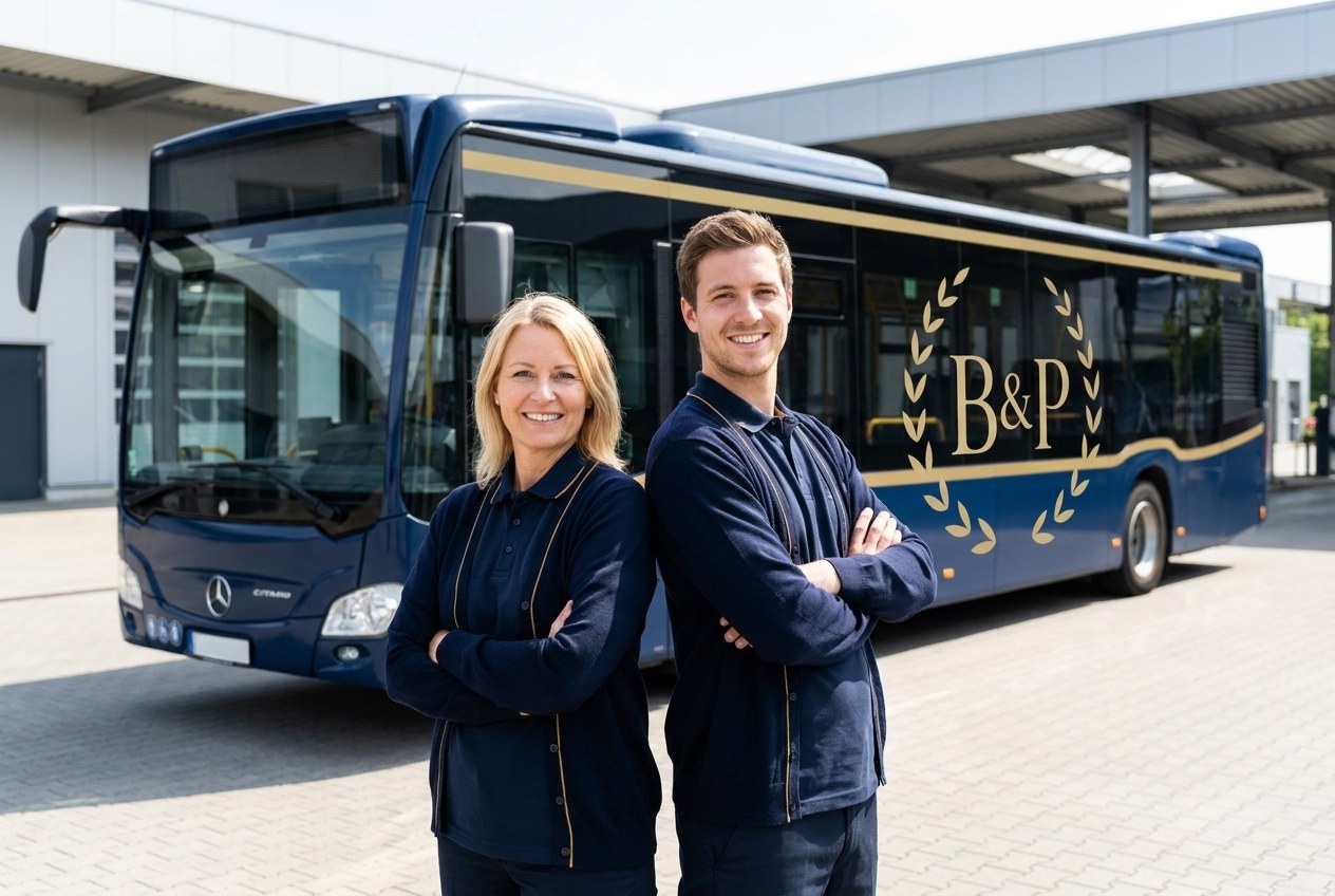 Symbolbild (mit KI erstellt): zwei Busfahrer in navy-goldener B&P-Uniform vor einem Linienbus